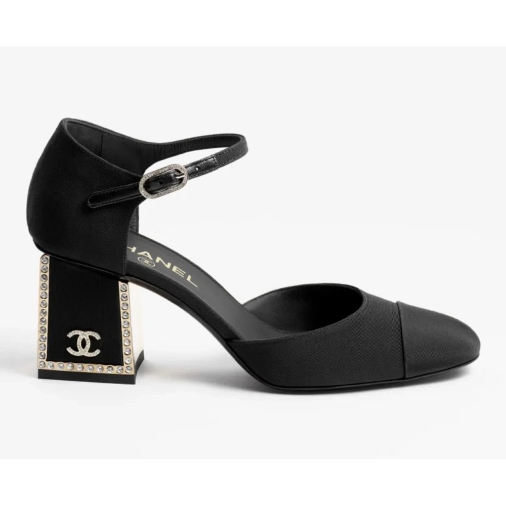 Chanel 24B Black Crystal CC Logo Gold Mary Jane Ankle Strap Block Heel Pumps 40